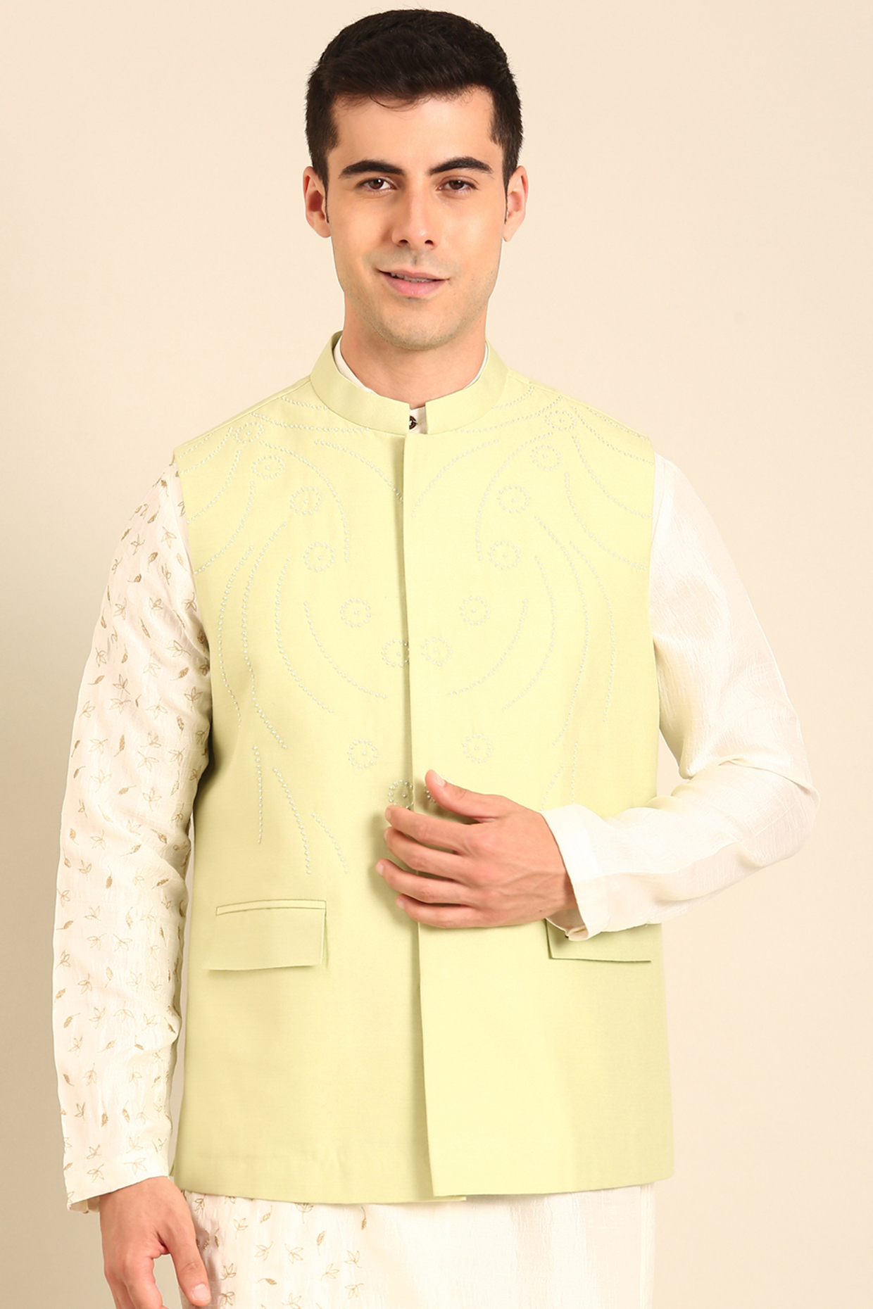 Pista Green Silk & Cotton Nehru Jacket by Mayank Modi