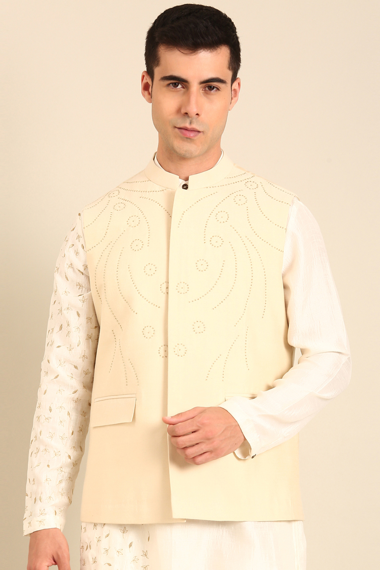 Beige Silk & Cotton Nehru Jacket by Mayank Modi