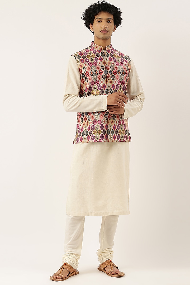 Beige Chanderi Printed Bundi Jacket by Mayank Modi
