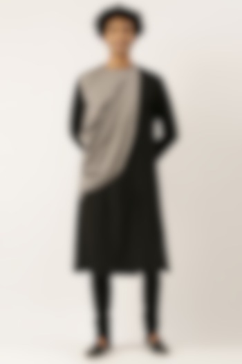 Black & Grey Draped Kurta Set by Mayank Modi at Pernia's Pop Up Shop