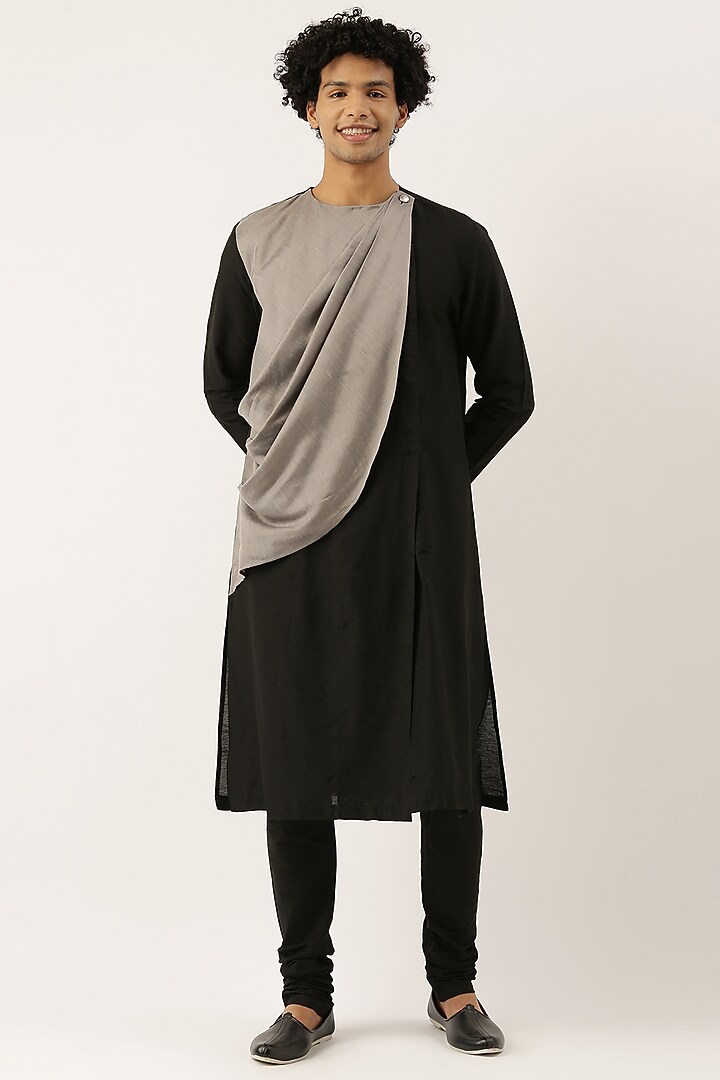 Black & Grey Draped Kurta Set by Mayank Modi at Pernia's Pop Up Shop