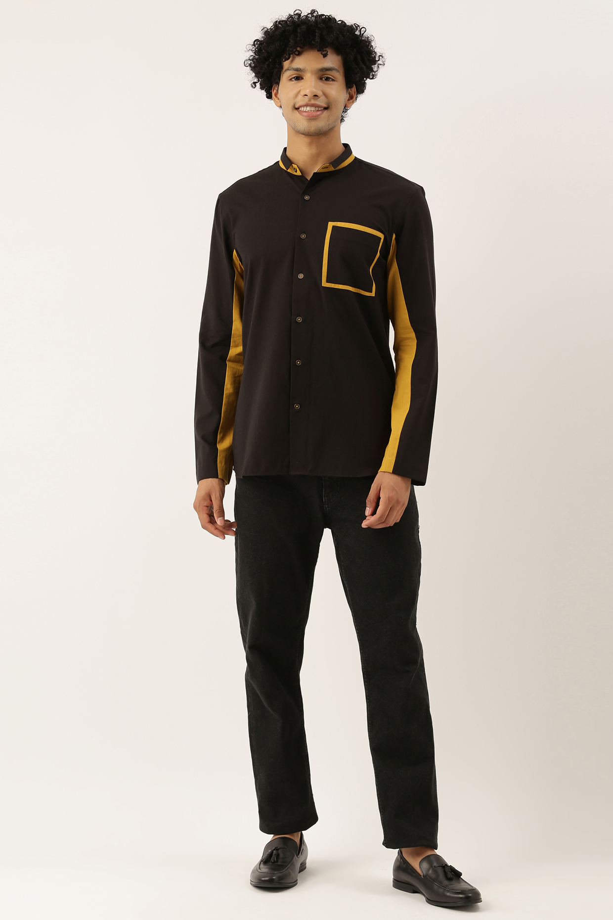 Black & Mustard Soft Malai Cotton Shirt by Mayank Modi