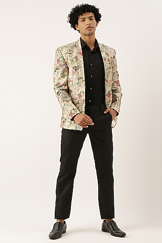 Beige Chanderi Printed Blazer by Mayank Modi