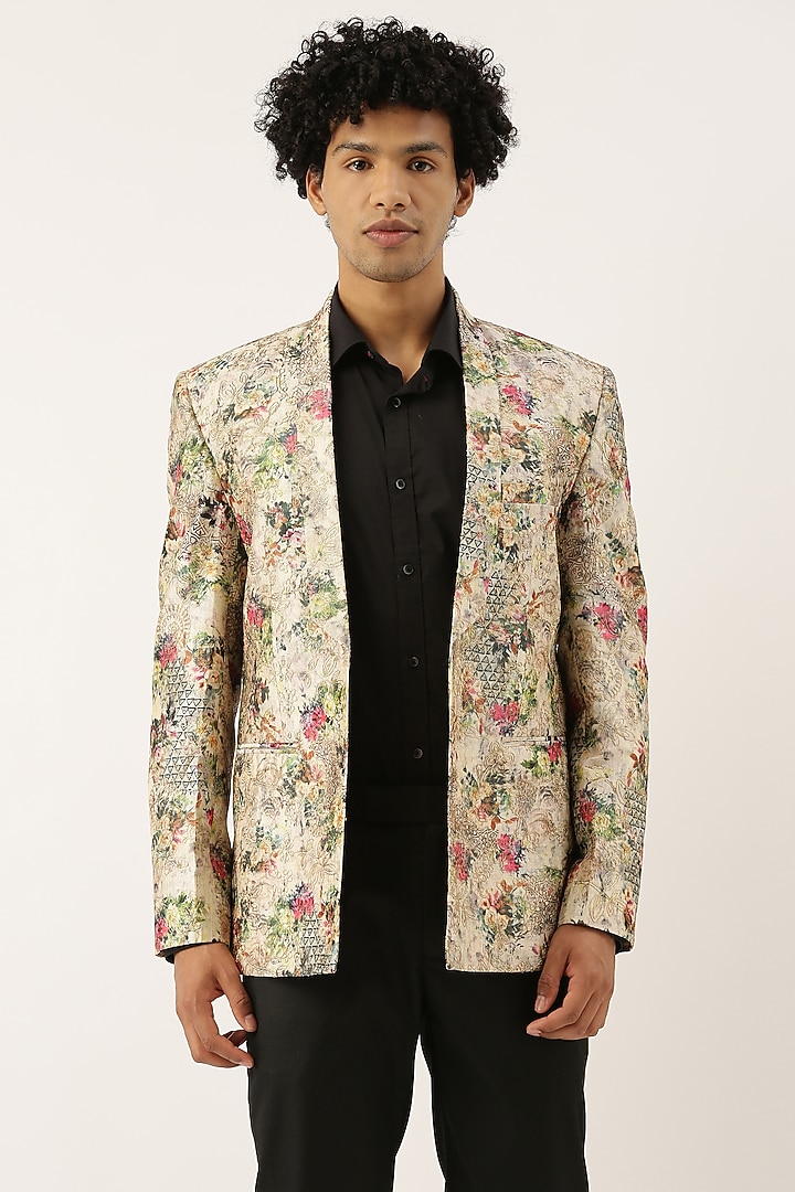 Beige Chanderi Printed Blazer by Mayank Modi at Pernia's Pop Up Shop
