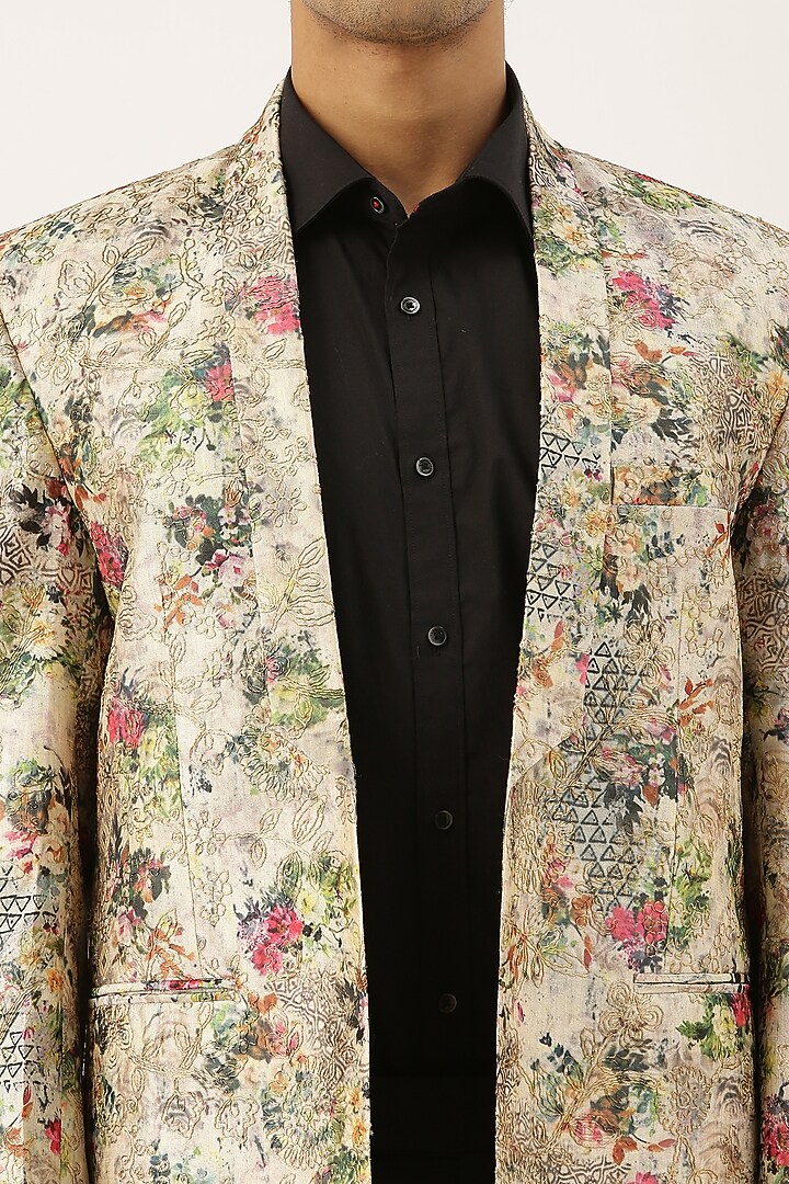 Beige Chanderi Printed Blazer by Mayank Modi at Pernia's Pop Up Shop