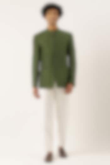 Green Cotton Silk Zipper Jacket by Mayank Modi