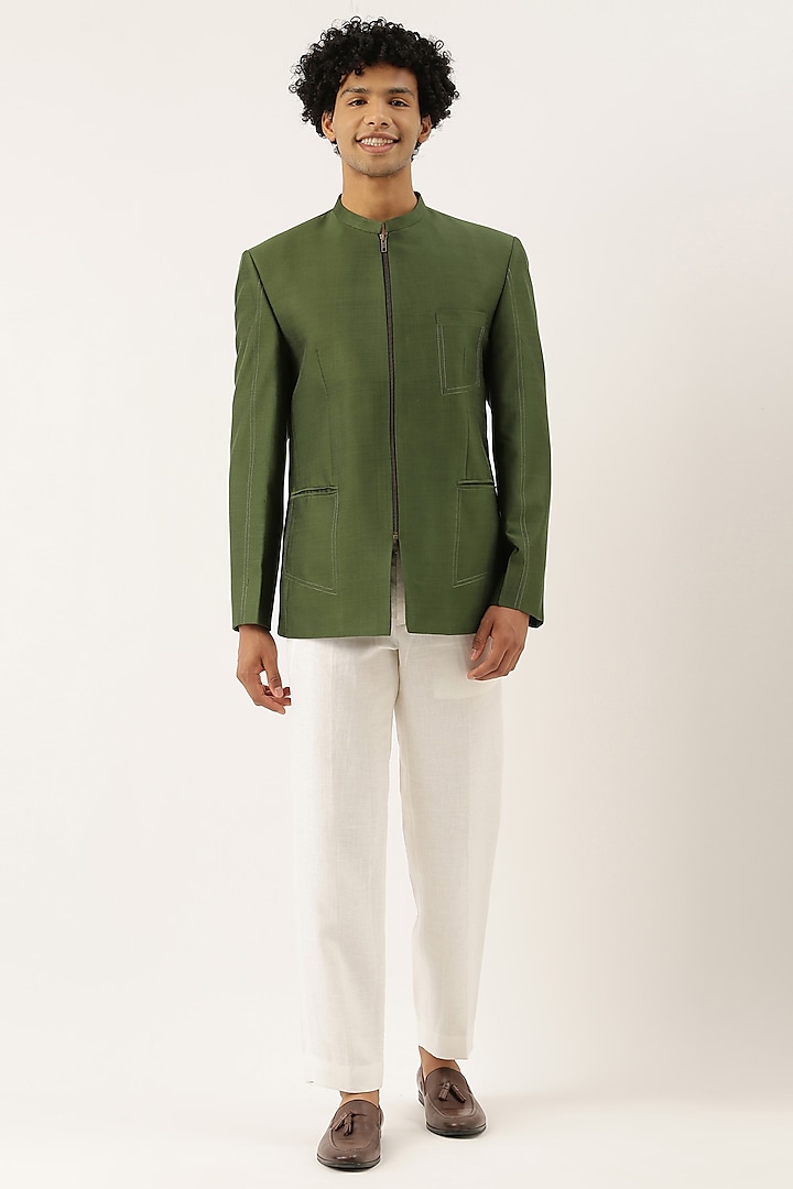 Green Cotton Silk Zipper Jacket by Mayank Modi