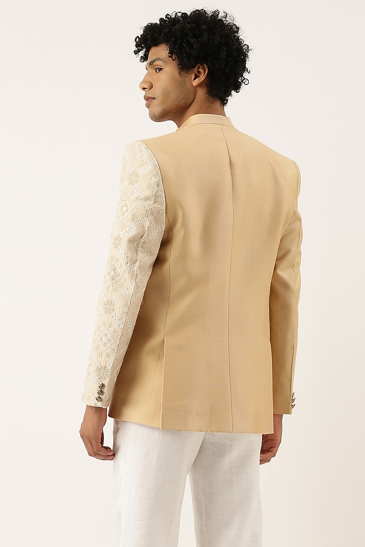 Pastel Beige & Ivory Embroidered Bandhgala Jacket by Mayank Modi at Pernia's Pop Up Shop