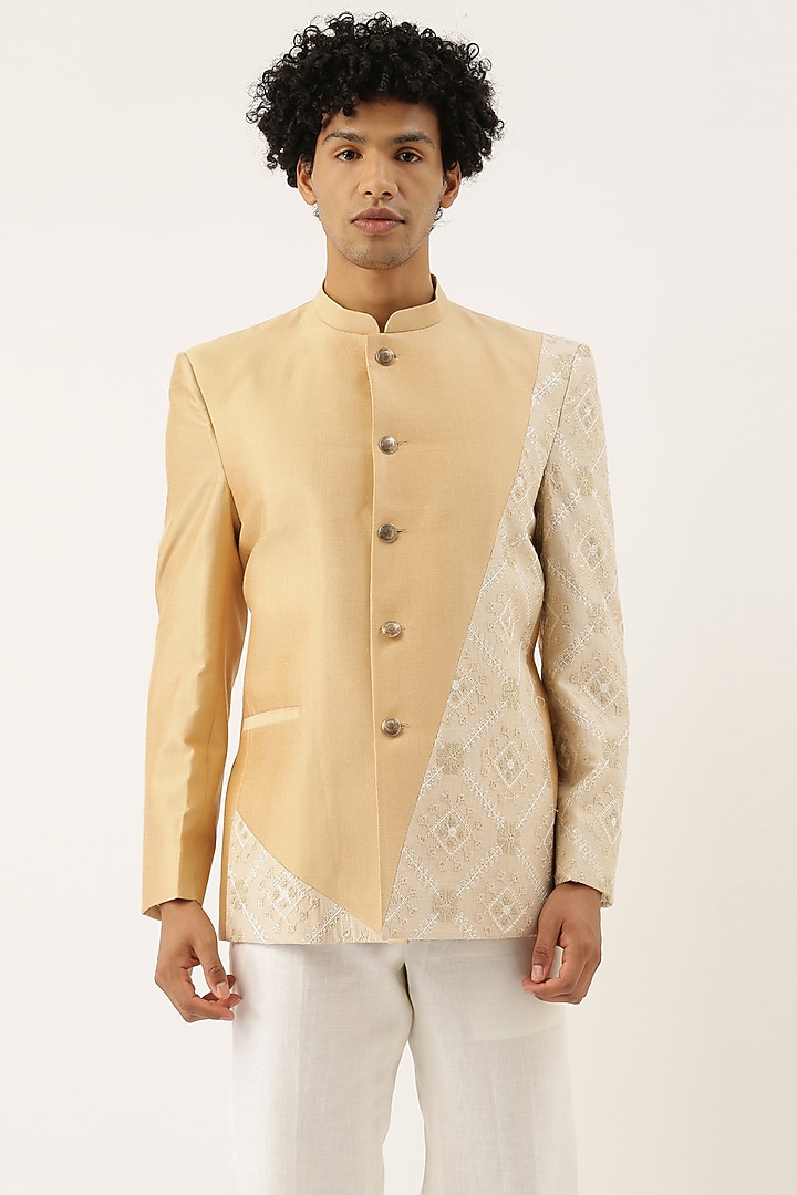 Pastel Beige & Ivory Embroidered Bandhgala Jacket by Mayank Modi at Pernia's Pop Up Shop