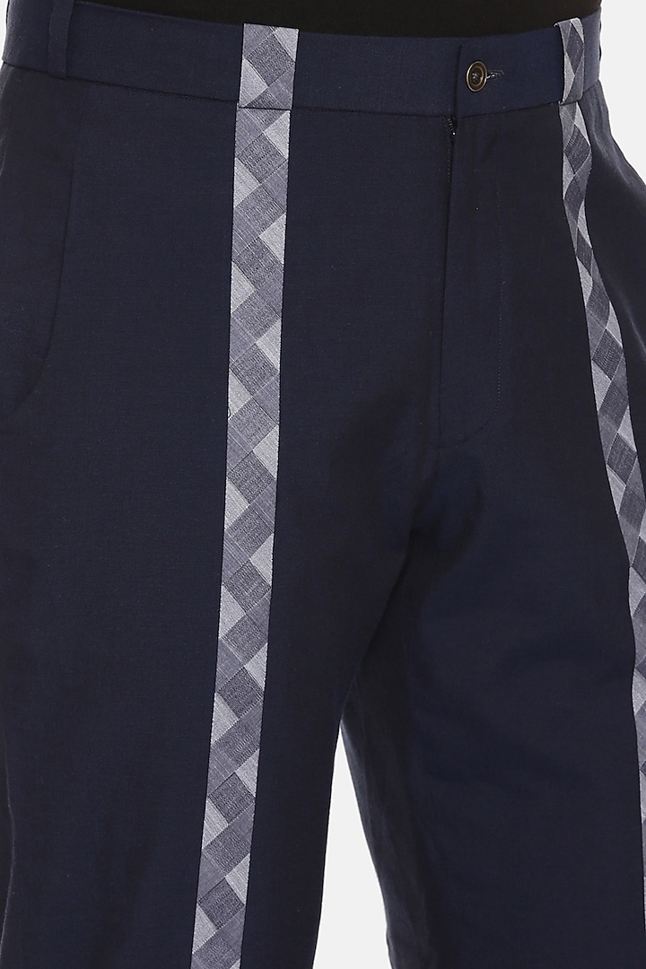 Blue Cotton Tape Detailed Pants by Mayank Modi at Pernia's Pop Up Shop