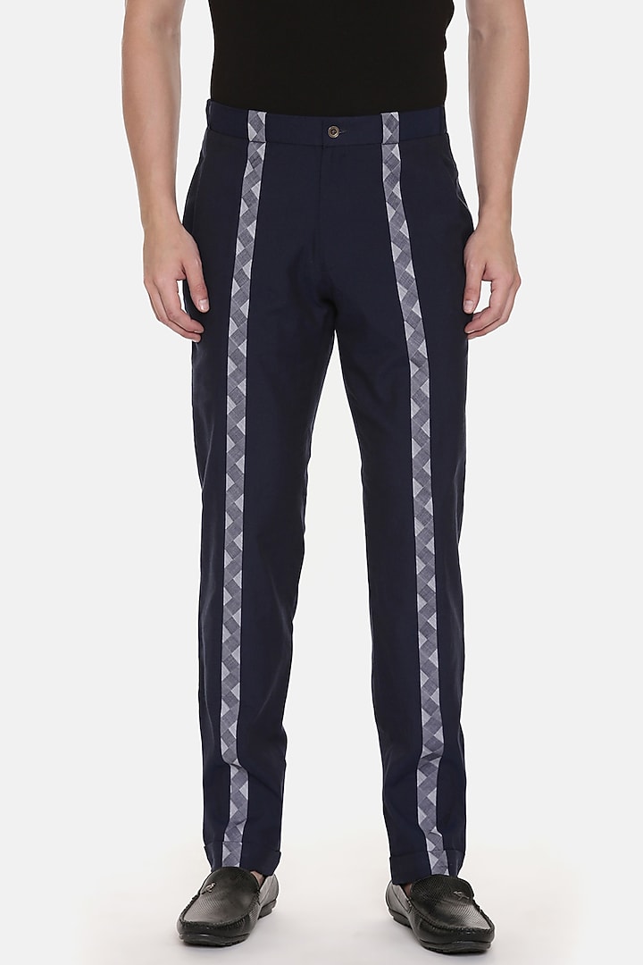Blue Cotton Tape Detailed Pants by Mayank Modi at Pernia's Pop Up Shop