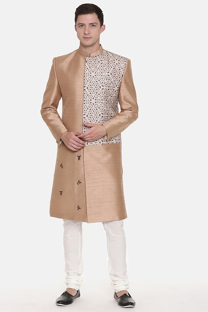 Gold Printed Wedding Sherwani Set by Mayank Modi at Pernia's Pop Up Shop