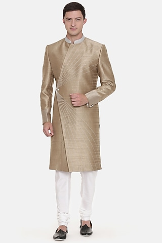 Gold Silk Sherwani Set With Embroidery by Mayank Modi