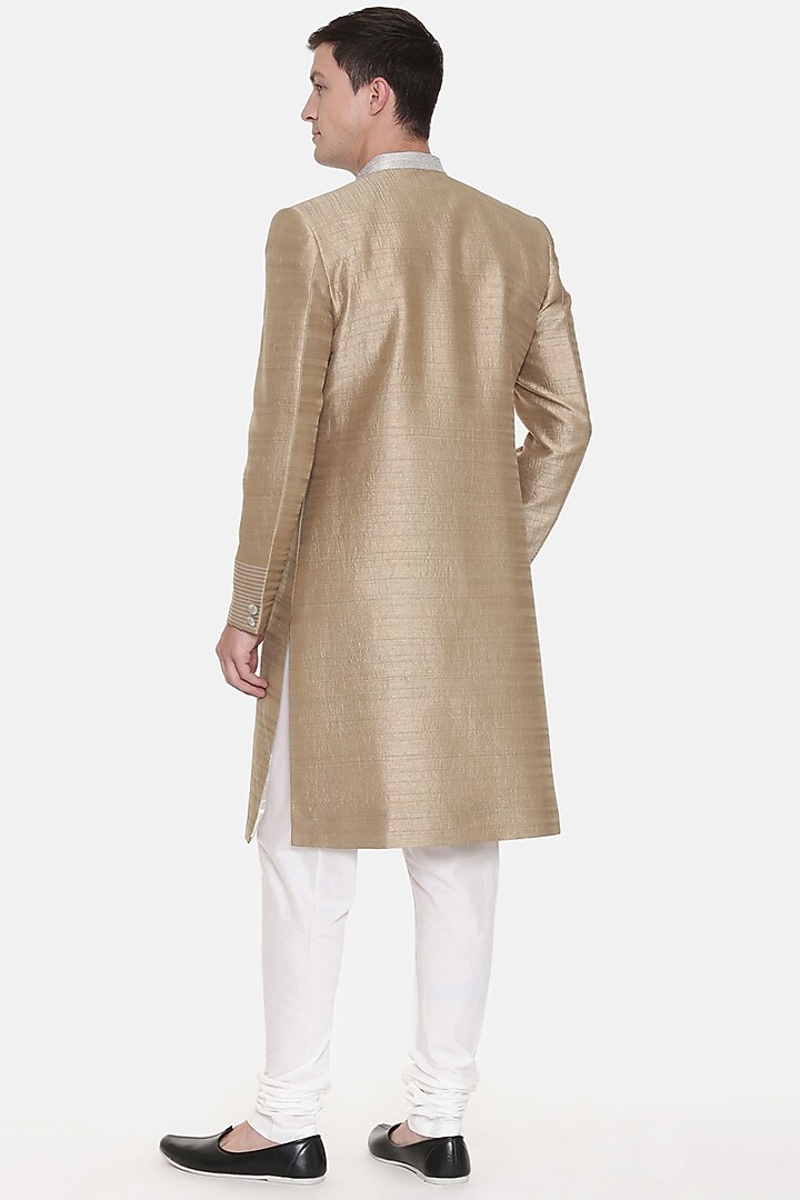 Gold Silk Wedding Sherwani Set With Embroidery by Mayank Modi at Pernia's Pop Up Shop