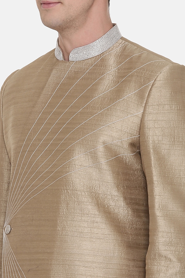 Gold Silk Wedding Sherwani Set With Embroidery by Mayank Modi at Pernia's Pop Up Shop