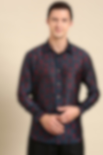 Navy Blue Chanderi Linen Printed Party Wear Shirt by Mayank Modi at Pernia's Pop Up Shop