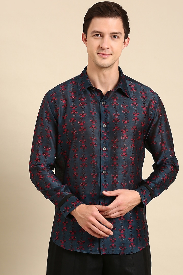 Navy Blue Chanderi Linen Printed Party Wear Shirt by Mayank Modi at Pernia's Pop Up Shop