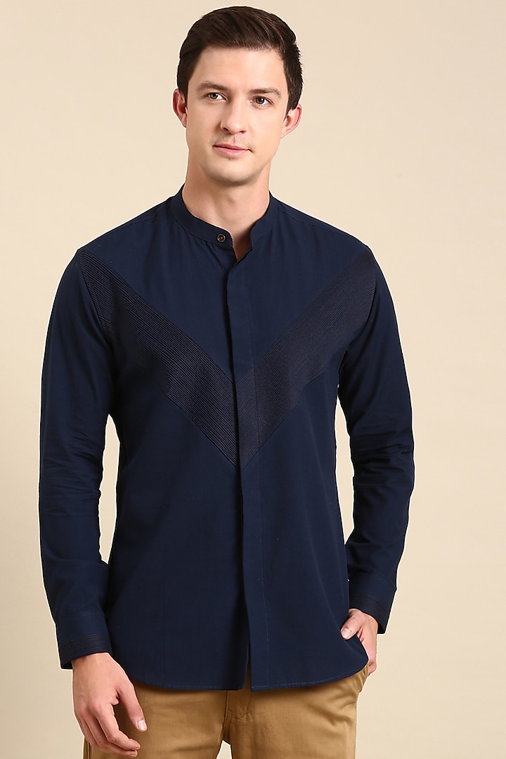 Navy Blue Malai Cotton Shirt by Mayank Modi