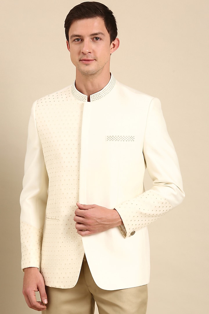 Ivory Silk Banarasi Bandhgala Jacket by Mayank Modi