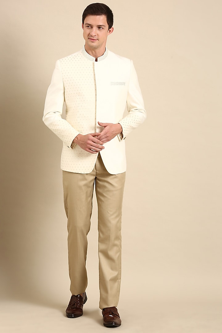 Ivory Silk Banarasi Wedding Bandhgala Jacket by Mayank Modi at Pernia's Pop Up Shop
