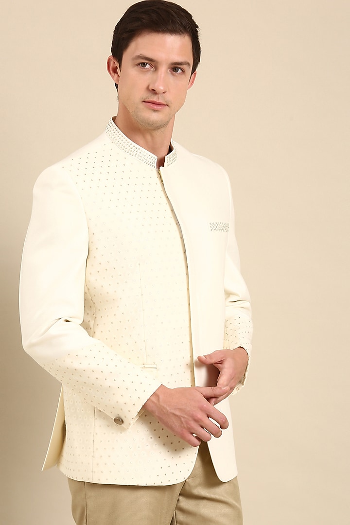 Ivory Silk Banarasi Wedding Bandhgala Jacket by Mayank Modi at Pernia's Pop Up Shop