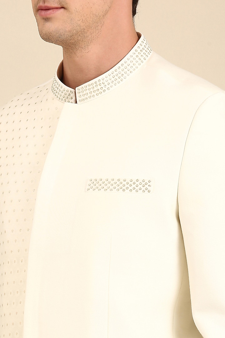 Ivory Silk Banarasi Wedding Bandhgala Jacket by Mayank Modi at Pernia's Pop Up Shop