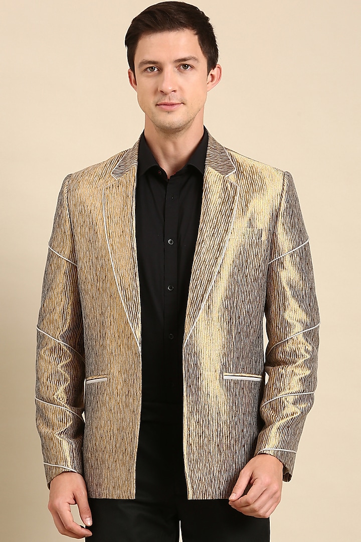 Gold Silk Jacquard Blazer by Mayank Modi