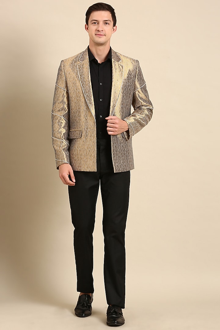 Gold Silk Jacquard Blazer by Mayank Modi at Pernia's Pop Up Shop