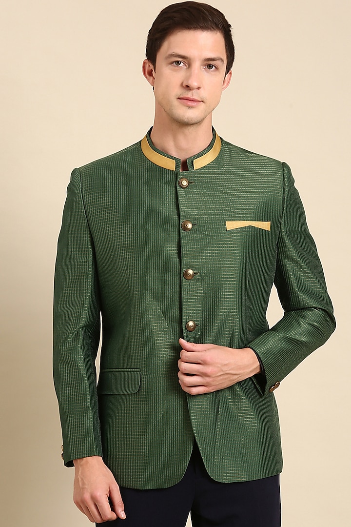 Bottle Green Kota Chanderi Bandhgala Jacket by Mayank Modi