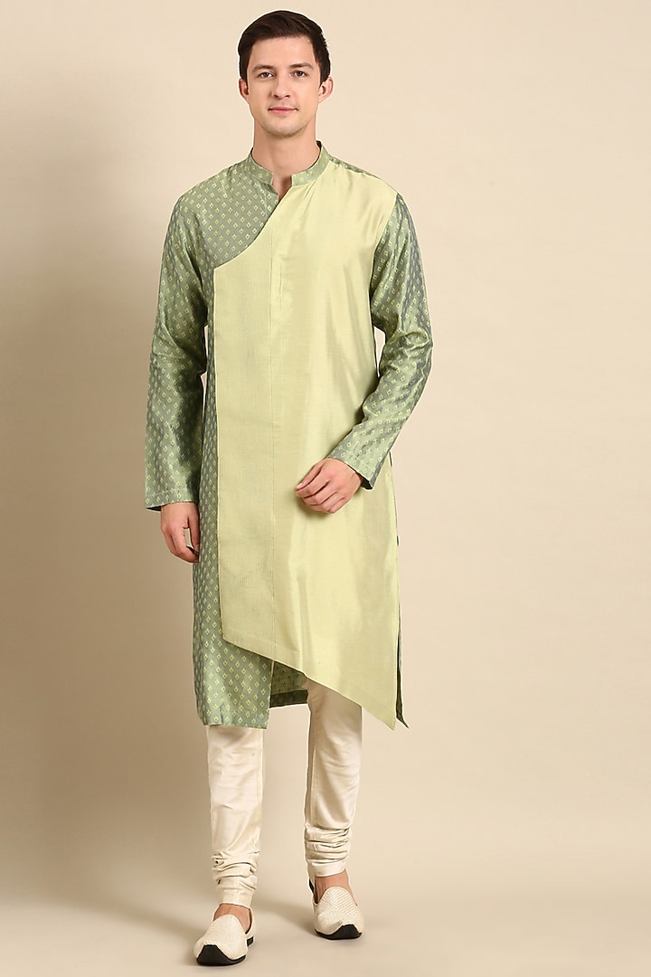 Green Silk Jacquard Kurta Set by Mayank Modi at Pernia's Pop Up Shop