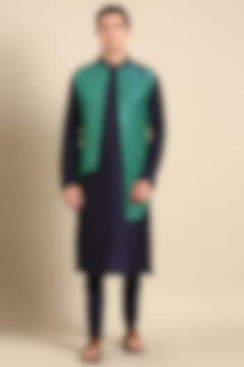 Blue & Green Silk Jacquard Kurta Set by Mayank Modi at Pernia's Pop Up Shop