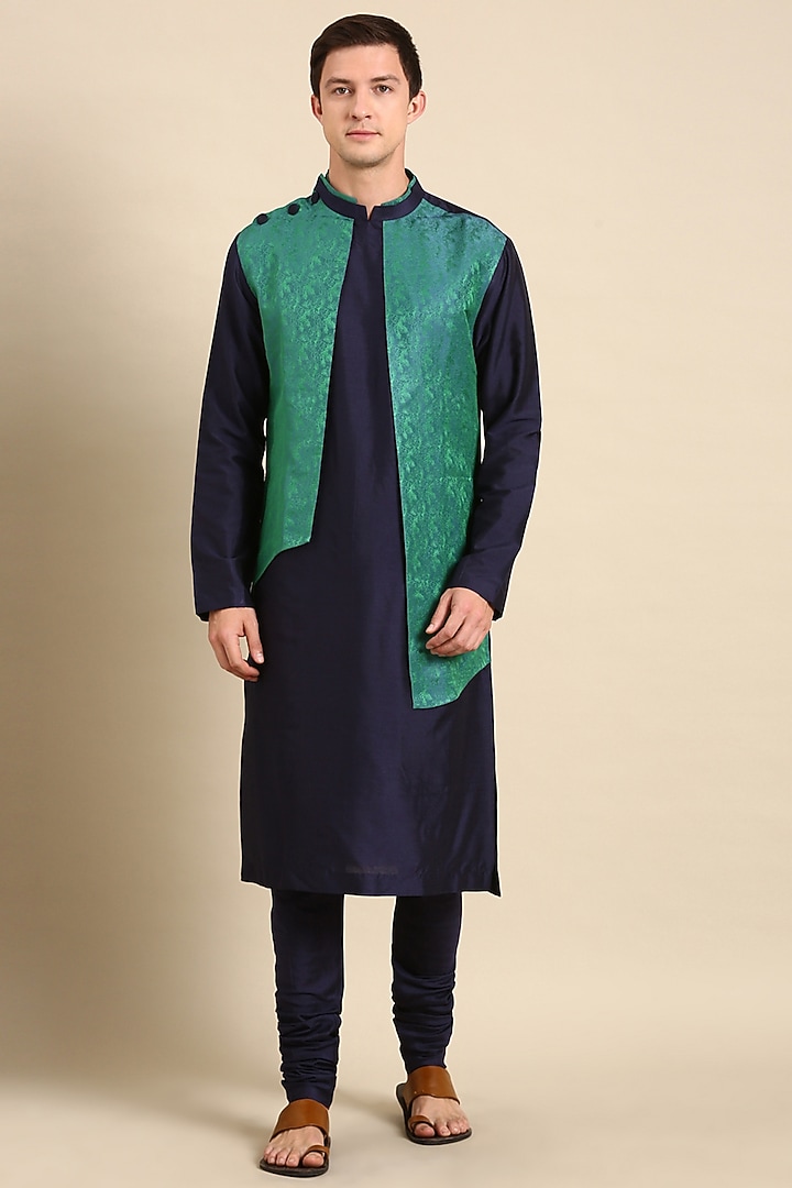 Blue & Green Silk Jacquard Kurta Set by Mayank Modi at Pernia's Pop Up Shop