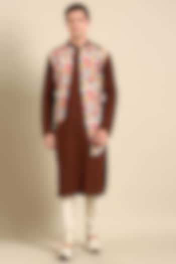 Brown & Yellow Cotton Linen Printed Kurta Set by Mayank Modi at Pernia's Pop Up Shop