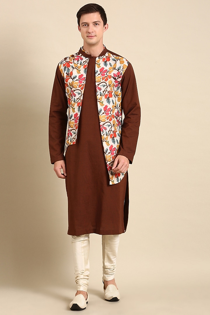 Brown & Yellow Cotton Linen Printed Kurta Set by Mayank Modi at Pernia's Pop Up Shop
