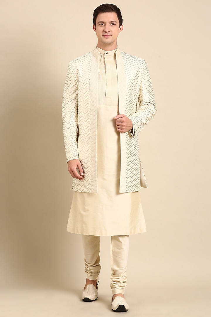 Ivory Chanderi Silk Indo Western Jacket by Mayank Modi