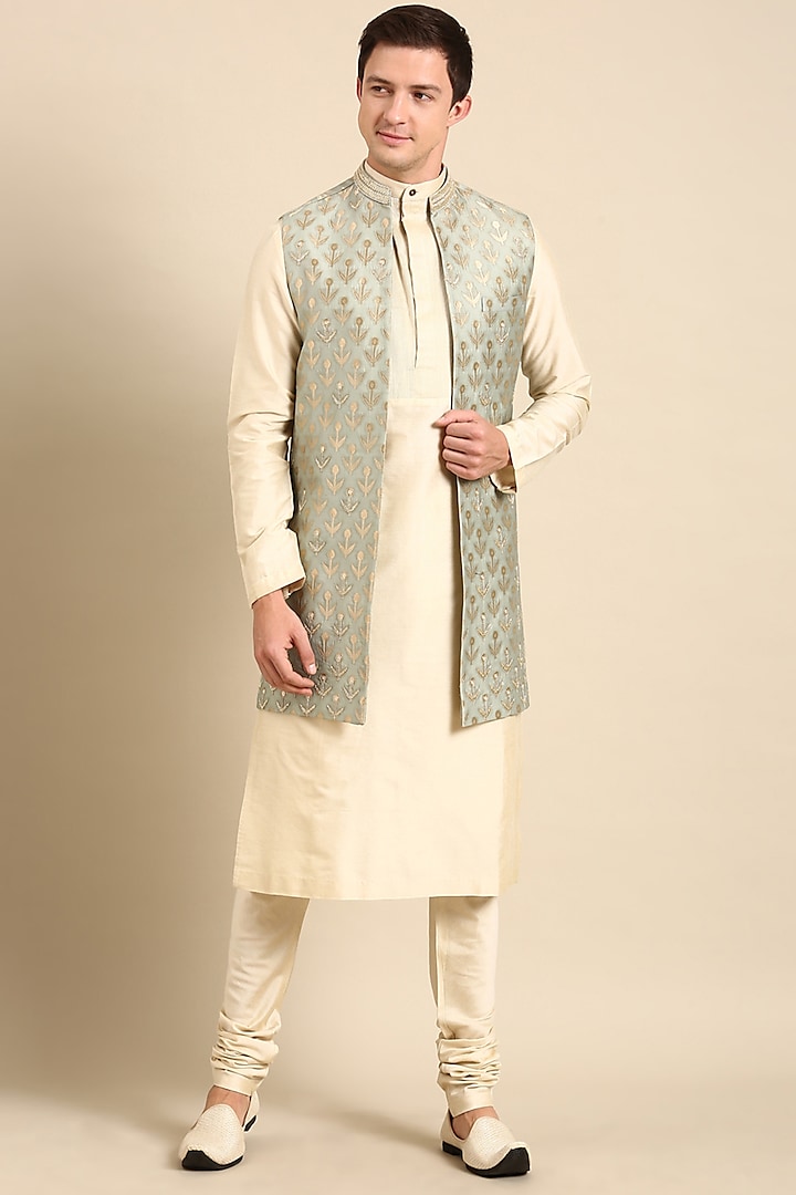 Pista Green Banarasi Silk Jacquard Indo Western Jacket by Mayank Modi