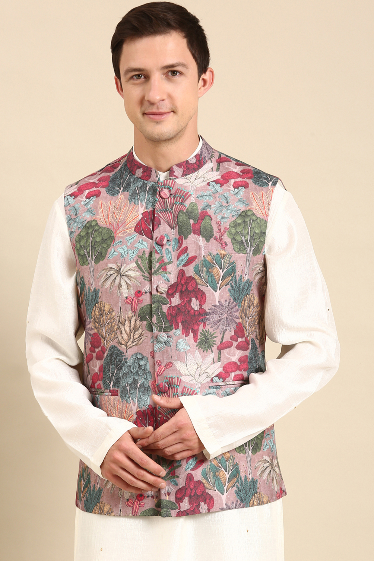 Multi-Colored Muslin Printed Nehru Jacket by Mayank Modi at Pernia's Pop Up Shop