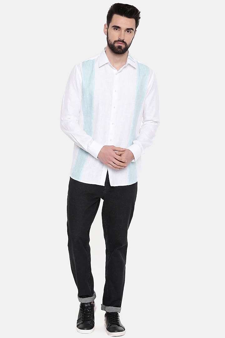 White & Sky Blue Linen Shirt by Mayank Modi