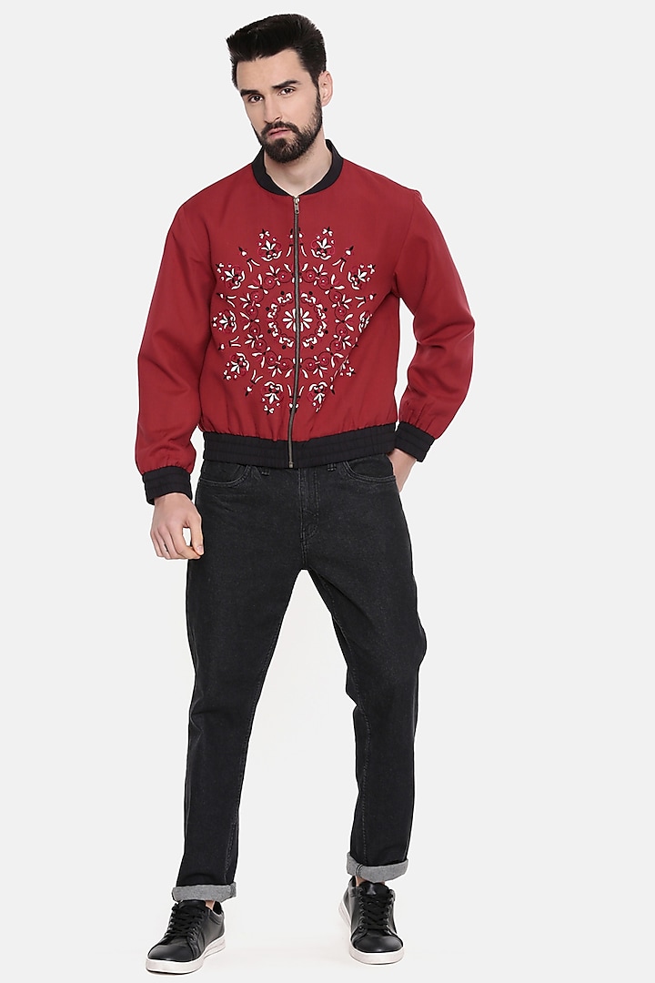 Red Embroidered Bomber Jacket by Mayank Modi