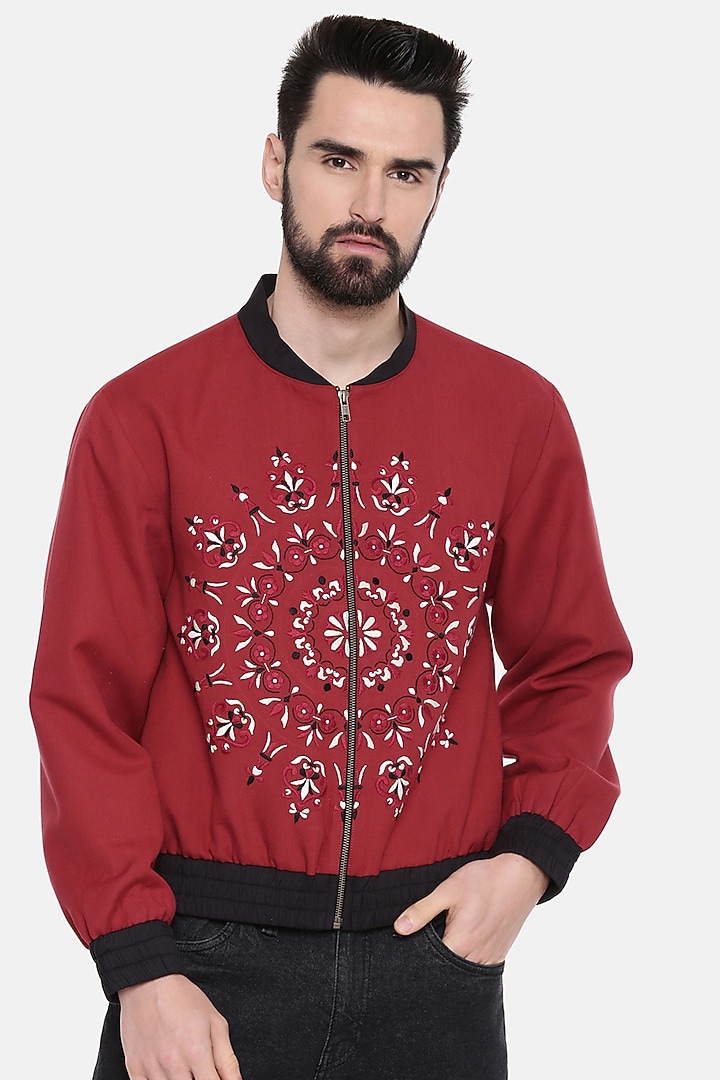 Red Embroidered Bomber Jacket by Mayank Modi at Pernia's Pop Up Shop