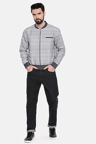 Grey Linen Bomber Jacket by Mayank Modi