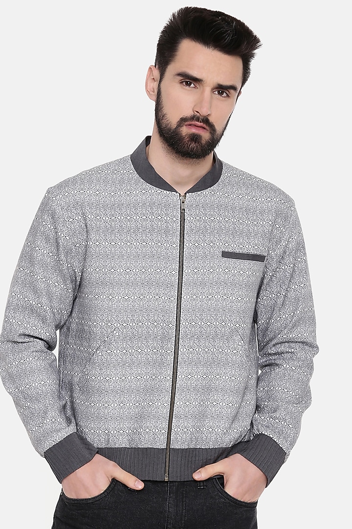 Grey Linen Bomber Jacket by Mayank Modi at Pernia's Pop Up Shop