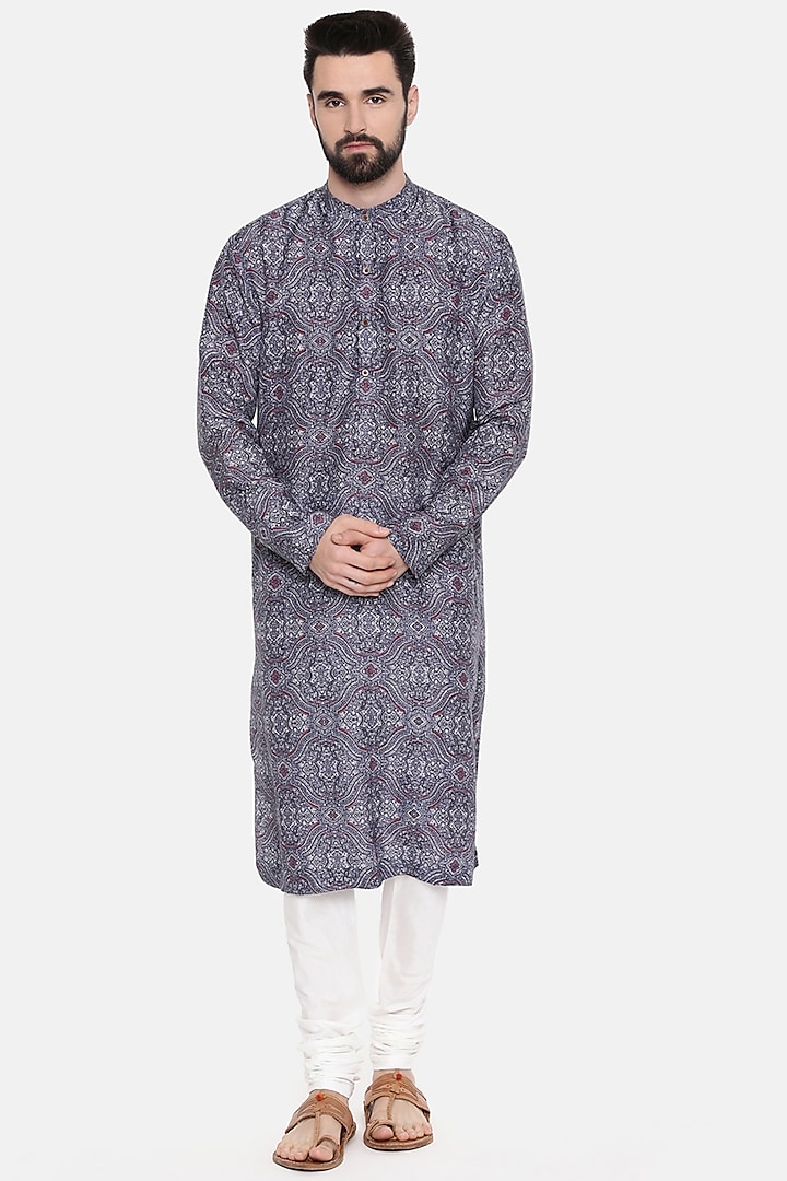 Blue Bemberg Linen Printed Kurta Set by Mayank Modi