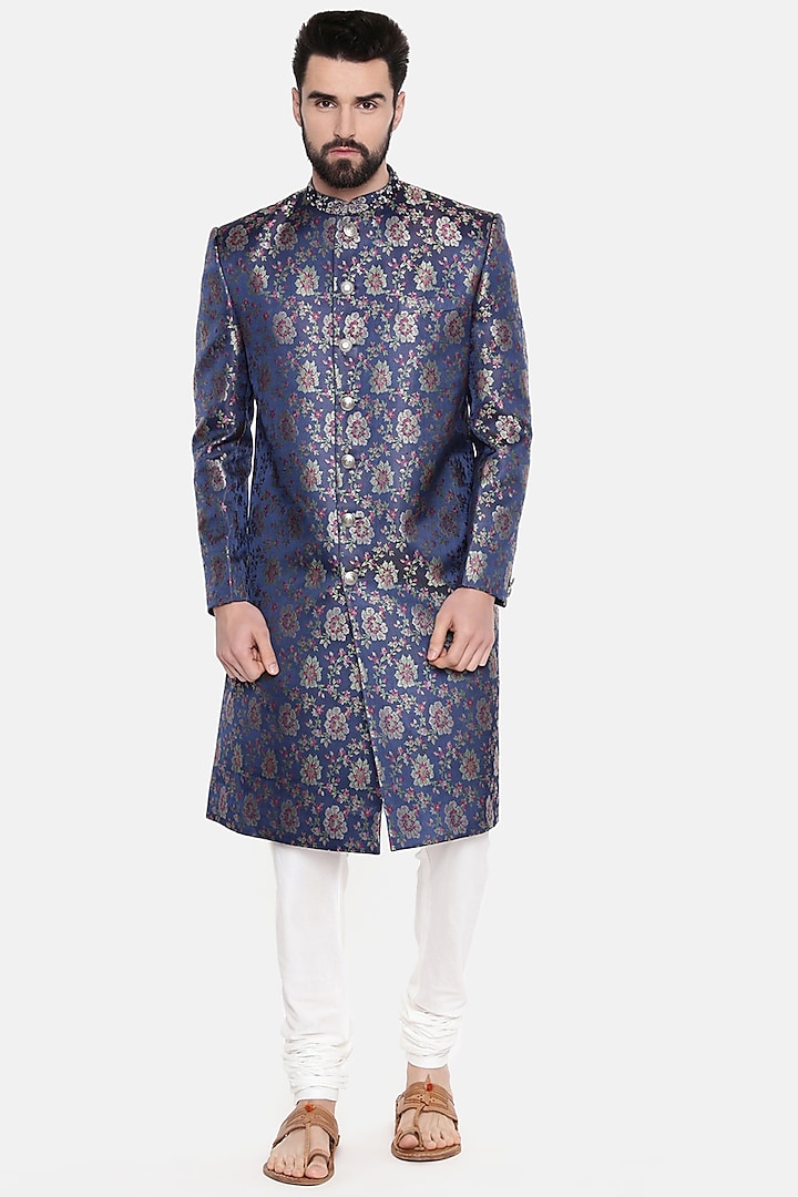 Navy Blue Banarasi Silk Brocade Sherwani Set by Mayank Modi