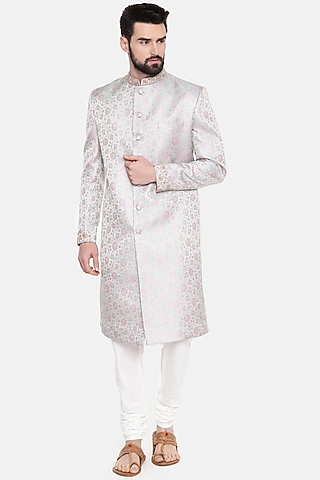 Silver Silk Banarasi Sherwani Set by Mayank Modi