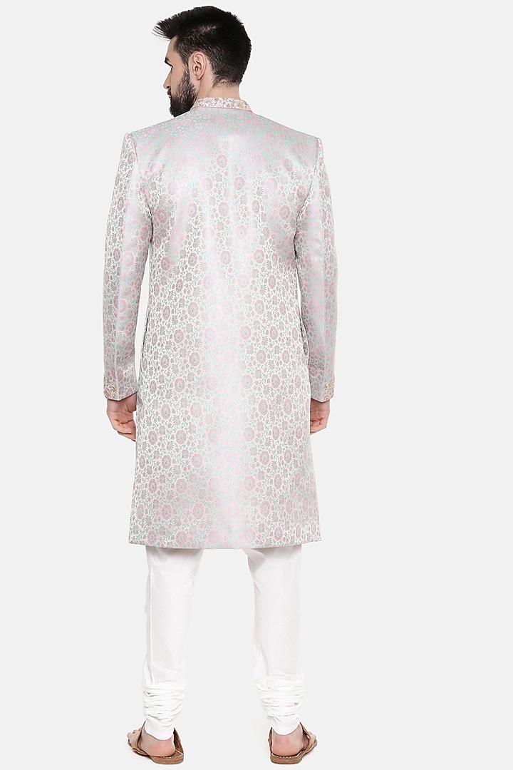 Silver Silk Banarasi Wedding Sherwani Set by Mayank Modi at Pernia's Pop Up Shop