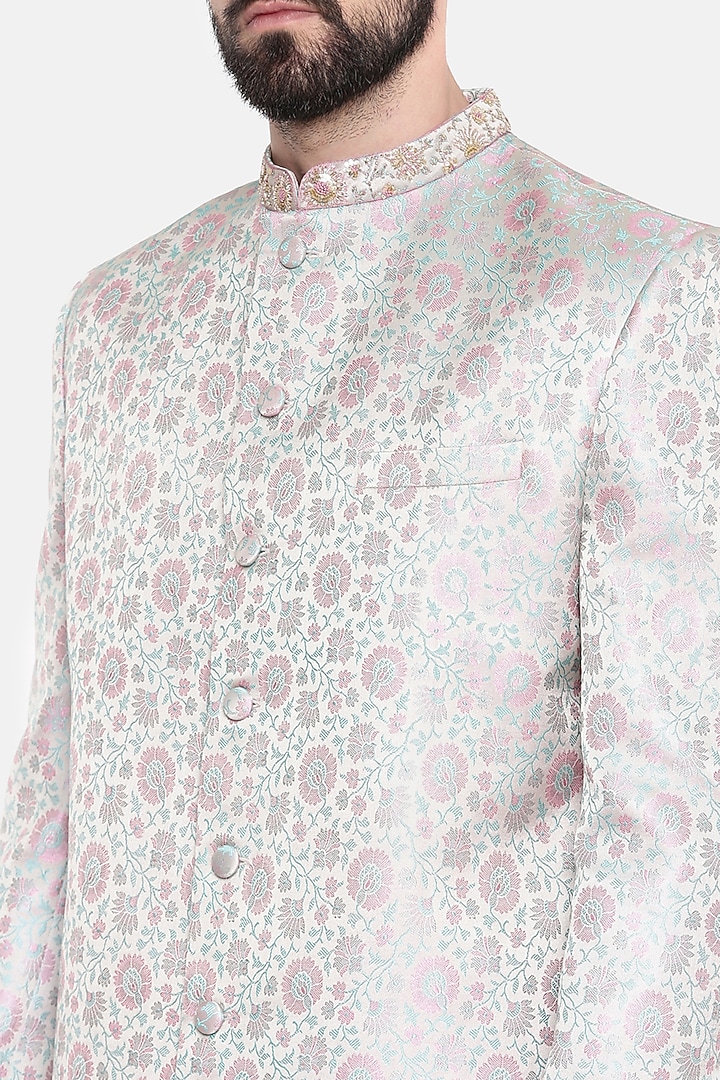 Silver Silk Banarasi Wedding Sherwani Set by Mayank Modi at Pernia's Pop Up Shop