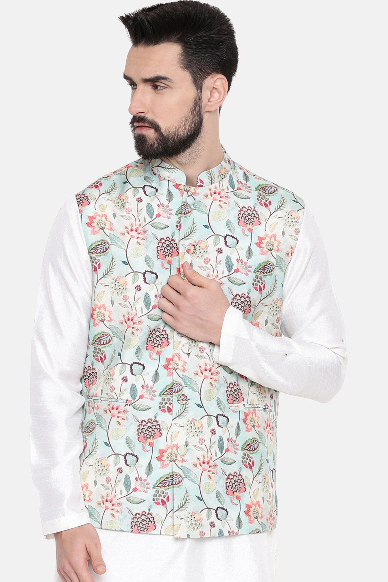 Fabindia Men Blue Printed Pure Cotton Woven Nehru Jacket - Absolutely Desi