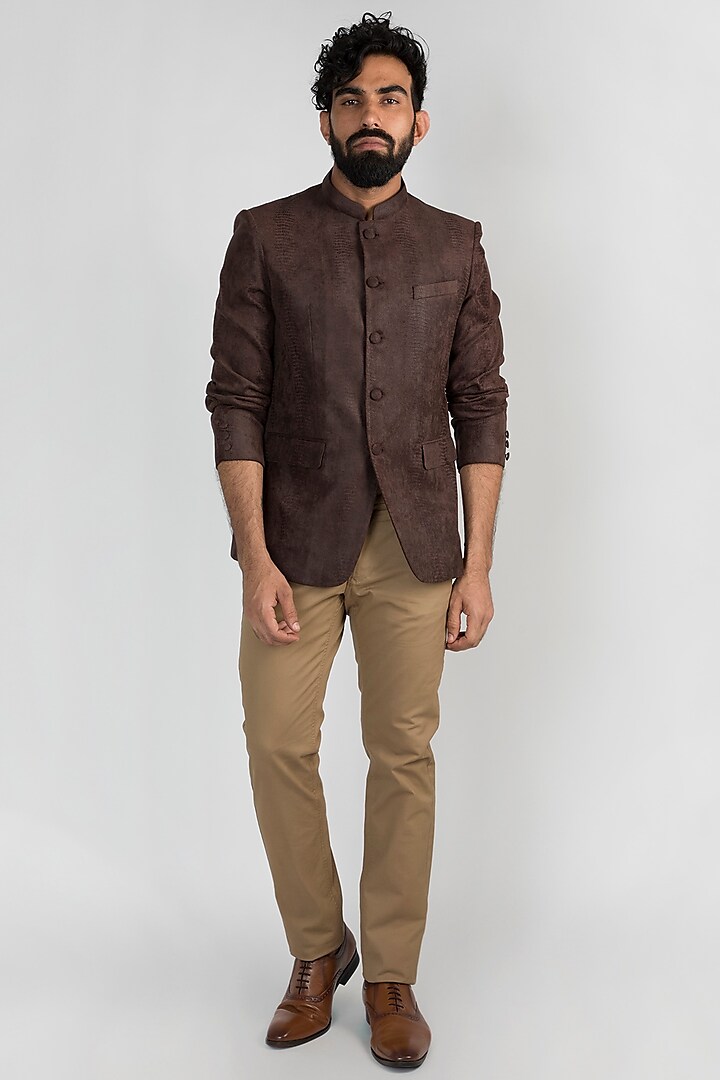 Brown Leather Bandhgala Jacket by Mayank Modi