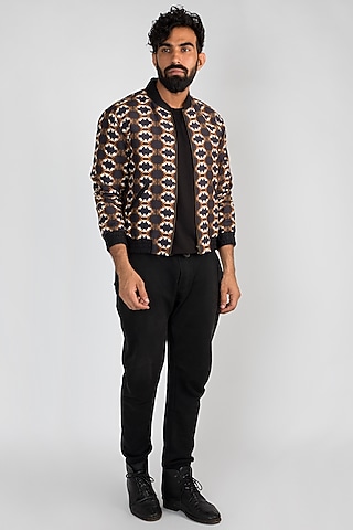 Brown Printed Bomber Jacket by Mayank Modi